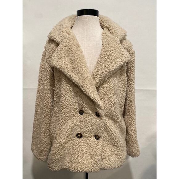 Zeagoo Beige Faux Sherpa‎ Fleece Teddy Coat Women's Double Breasted Cozy Jacket - Picture 2 of 11